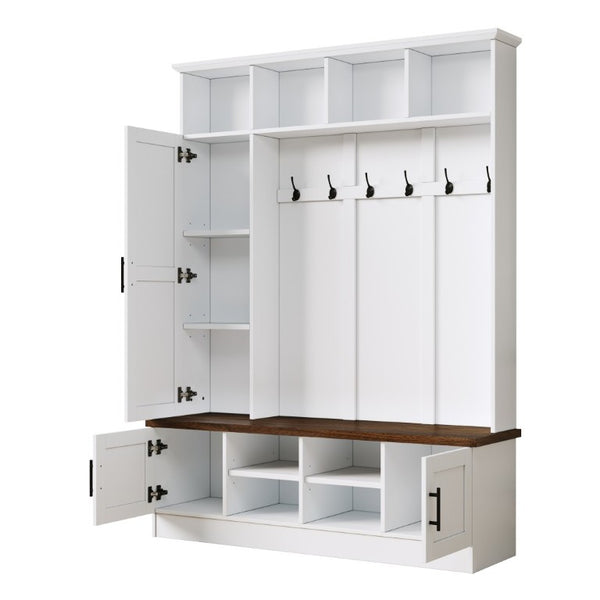 English Elm Hall Tree Modern Farmhouse Entryway Unit with Six Hooks Three Cabinets and Bench White N721P366128K