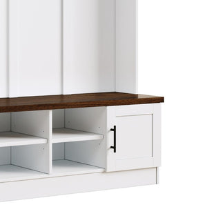 English Elm Hall Tree Modern Farmhouse Entryway Unit with Six Hooks Three Cabinets and Bench White N721P366128K