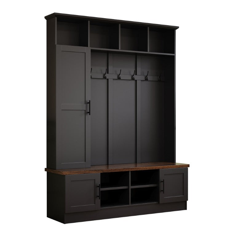 English Elm Hall Tree Modern Farmhouse Entryway Organizer with Six Hooks and Walnut Bench Seat N721P366129B