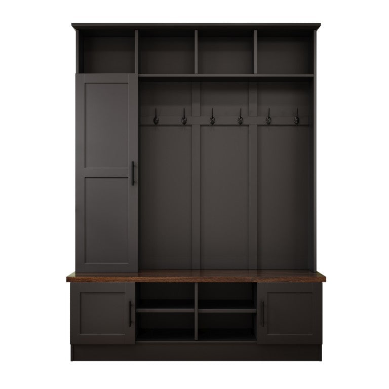English Elm Hall Tree Modern Farmhouse Entryway Organizer with Six Hooks and Walnut Bench Seat N721P366129B