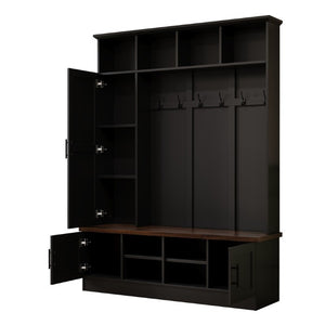 English Elm Hall Tree Modern Farmhouse Entryway Organizer with Six Hooks and Walnut Bench Seat N721P366129B