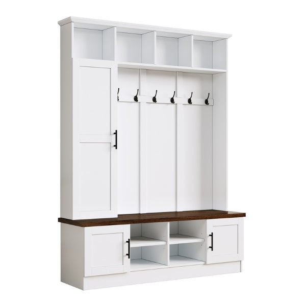 English Elm Hall Tree with Cabinet Storage Bench Six Hooks Modern Farmhouse Entryway Organizer N721P366129K