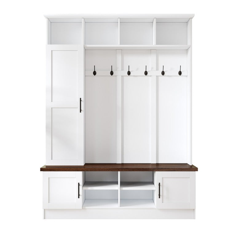 English Elm Hall Tree with Cabinet Storage Bench Six Hooks Modern Farmhouse Entryway Organizer N721P366129K