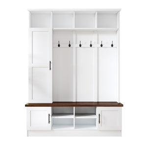 English Elm Hall Tree with Cabinet Storage Bench Six Hooks Modern Farmhouse Entryway Organizer N721P366129K