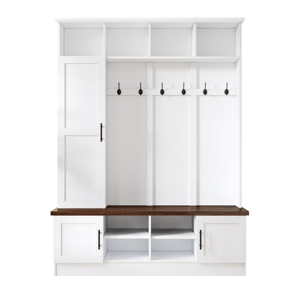 English Elm Hall Tree with Cabinet Storage Bench Six Hooks Modern Farmhouse Entryway Organizer N721P366129K