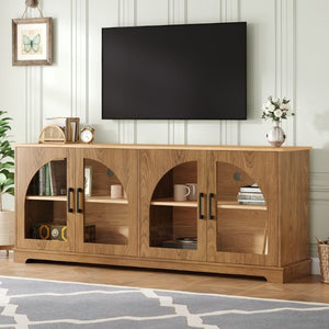 English Elm Farmhouse Media Console Two Tone Wood Grain Arched Glass Doors Living Room Storage N721P411204D