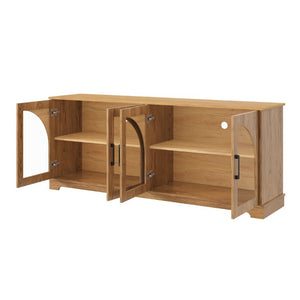 English Elm Farmhouse Media Console Two Tone Wood Grain Arched Glass Doors Living Room Storage N721P411204D