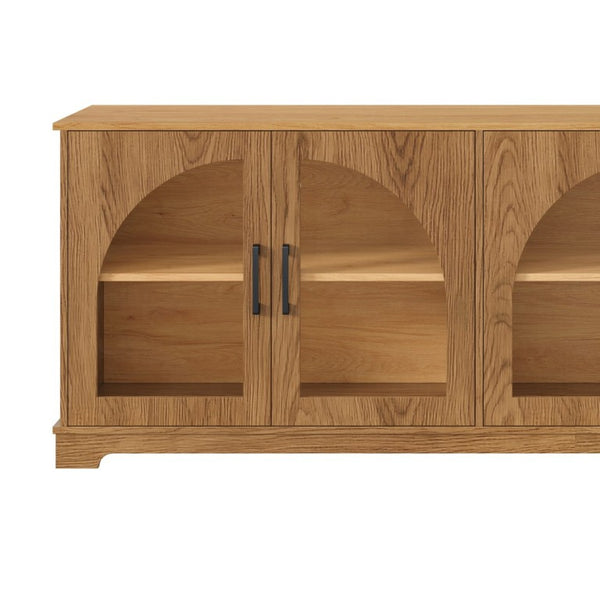 English Elm Farmhouse Media Console Two Tone Wood Grain Arched Glass Doors Living Room Storage N721P411204D