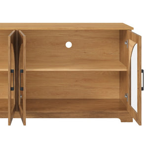 English Elm Farmhouse Media Console Two Tone Wood Grain Arched Glass Doors Living Room Storage N721P411204D