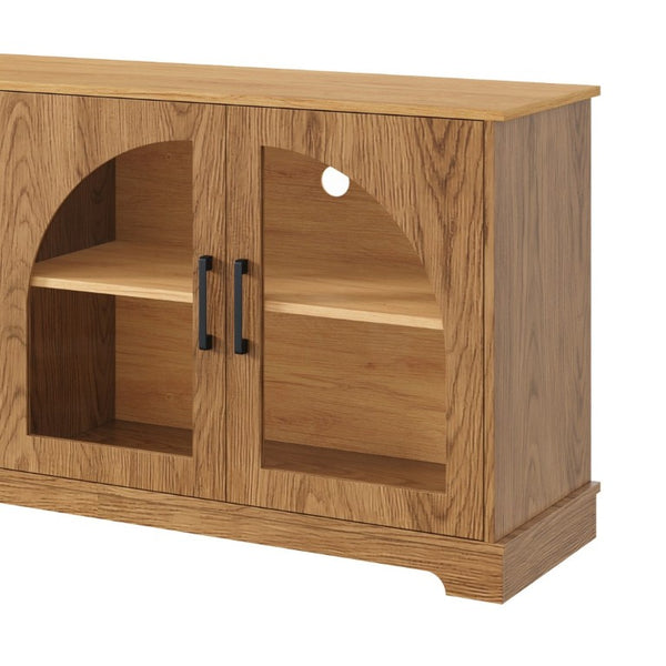 English Elm Farmhouse Media Console Two Tone Wood Grain Arched Glass Doors Living Room Storage N721P411204D