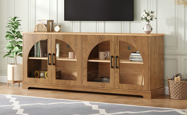 English Elm Farmhouse Media Console Two Tone Wood Grain Arched Glass Doors Living Room Storage N721P411204D