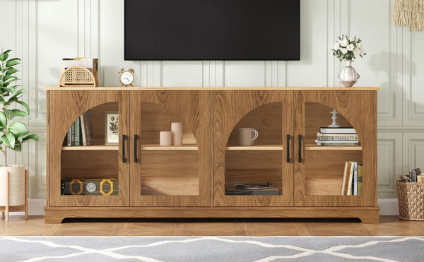 English Elm Farmhouse Media Console Two Tone Wood Grain Arched Glass Doors Living Room Storage N721P411204D