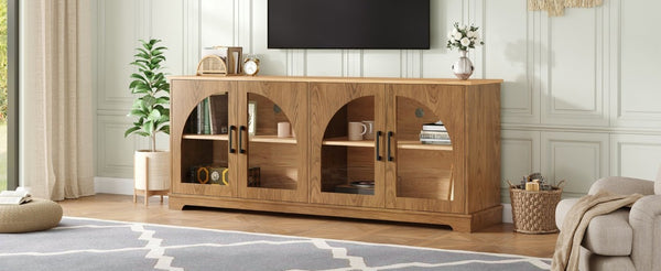 English Elm Farmhouse Media Console Two Tone Wood Grain Arched Glass Doors Living Room Storage N721P411204D