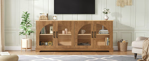 English Elm Farmhouse Media Console Two Tone Wood Grain Arched Glass Doors Living Room Storage N721P411204D