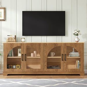 English Elm Farmhouse Media Console Two Tone Wood Grain Arched Glass Doors Living Room Storage N721P411204D