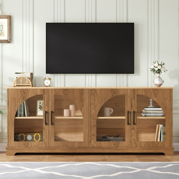 English Elm Farmhouse Media Console Two Tone Wood Grain Arched Glass Doors Living Room Storage N721P411204D