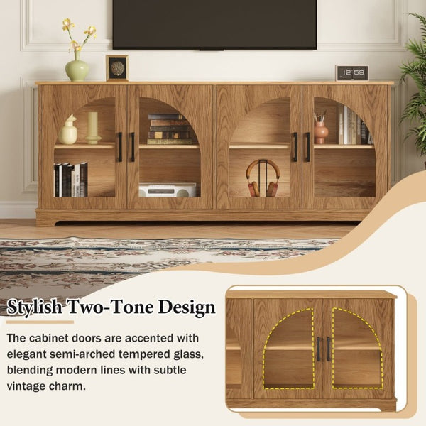 English Elm Farmhouse Media Console Two Tone Wood Grain Arched Glass Doors Living Room Storage N721P411204D
