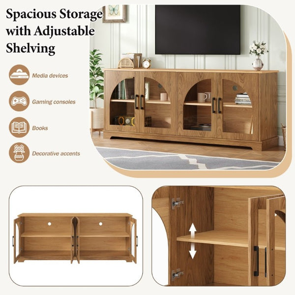 English Elm Farmhouse Media Console Two Tone Wood Grain Arched Glass Doors Living Room Storage N721P411204D