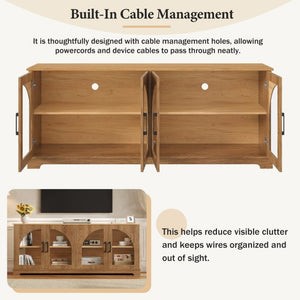 English Elm Farmhouse Media Console Two Tone Wood Grain Arched Glass Doors Living Room Storage N721P411204D