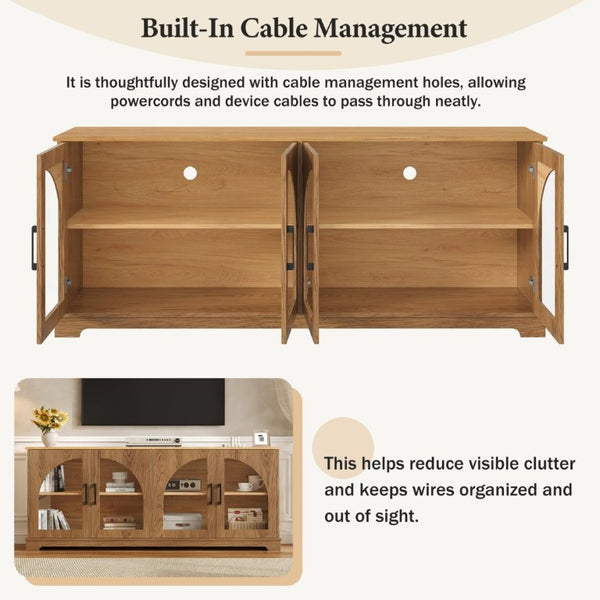 English Elm Farmhouse Media Console Two Tone Wood Grain Arched Glass Doors Living Room Storage N721P411204D