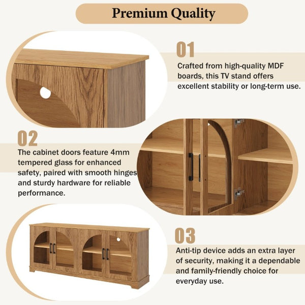 English Elm Farmhouse Media Console Two Tone Wood Grain Arched Glass Doors Living Room Storage N721P411204D
