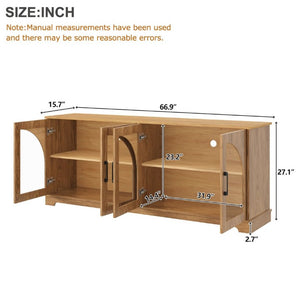 English Elm Farmhouse Media Console Two Tone Wood Grain Arched Glass Doors Living Room Storage N721P411204D