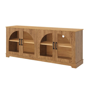 English Elm Farmhouse Media Console Two Tone Wood Grain Arched Glass Doors Living Room Storage N721P411204D