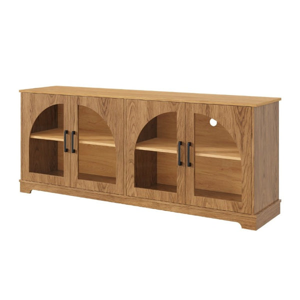 English Elm Farmhouse Media Console Two Tone Wood Grain Arched Glass Doors Living Room Storage N721P411204D