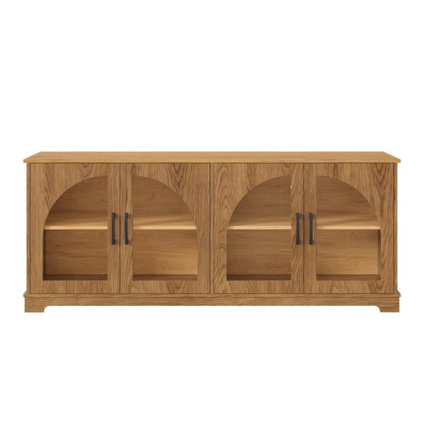 English Elm Farmhouse Media Console Two Tone Wood Grain Arched Glass Doors Living Room Storage N721P411204D