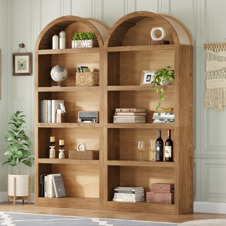 English Elm On-Trend Farmhouse Bookcase Set Two Units Fabric Arched Tops Five Tier Open Display Shelving N721P411205D
