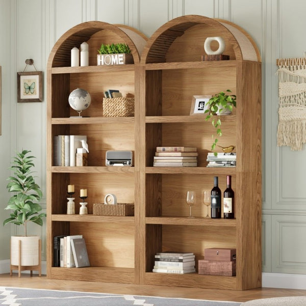 English Elm On-Trend Farmhouse Bookcase Set Two Units Fabric Arched Tops Five Tier Open Display Shelving N721P411205D