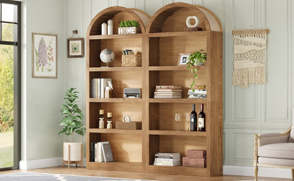 English Elm On-Trend Farmhouse Bookcase Set Two Units Fabric Arched Tops Five Tier Open Display Shelving N721P411205D