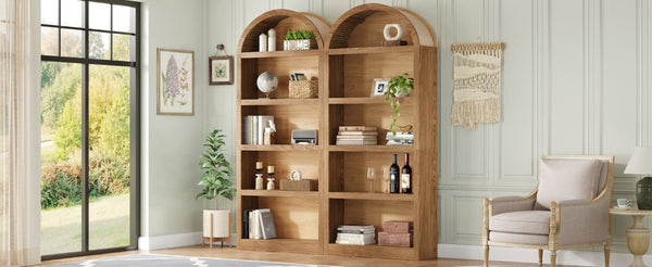 English Elm On-Trend Farmhouse Bookcase Set Two Units Fabric Arched Tops Five Tier Open Display Shelving N721P411205D