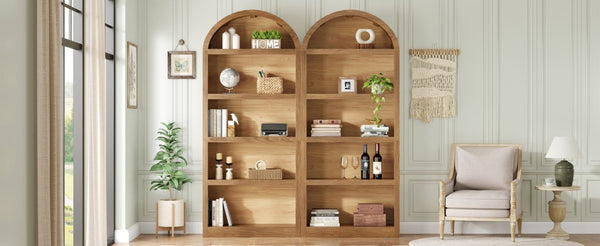 English Elm On-Trend Farmhouse Bookcase Set Two Units Fabric Arched Tops Five Tier Open Display Shelving N721P411205D
