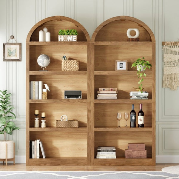 English Elm On-Trend Farmhouse Bookcase Set Two Units Fabric Arched Tops Five Tier Open Display Shelving N721P411205D