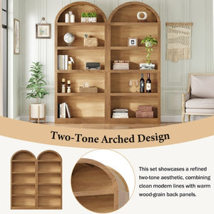 English Elm On-Trend Farmhouse Bookcase Set Two Units Fabric Arched Tops Five Tier Open Display Shelving N721P411205D