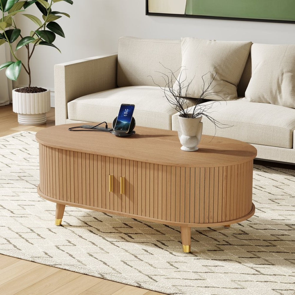 English Elm 42.5W Oval Fluted Tambour Coffee Table with Built-In Charging Station Mid-Century Wood N721P444658L