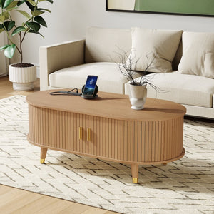English Elm 42.5W Oval Fluted Tambour Coffee Table with Built-In Charging Station Mid-Century Wood N721P444658L