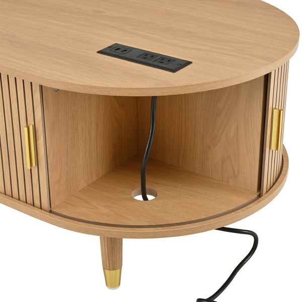 English Elm 42.5W Oval Fluted Tambour Coffee Table with Built-In Charging Station Mid-Century Wood N721P444658L