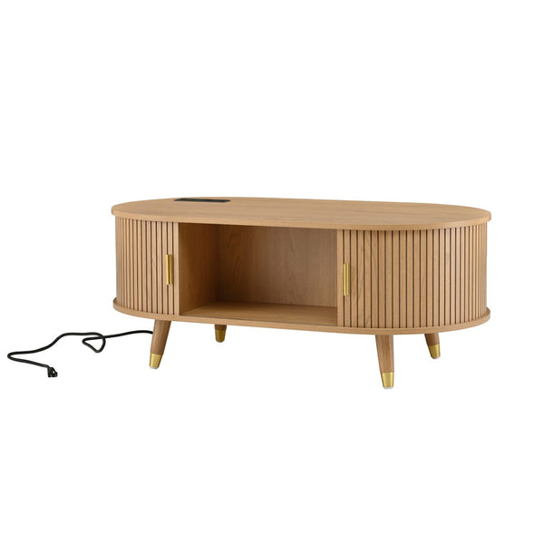 English Elm 42.5W Oval Fluted Tambour Coffee Table with Built-In Charging Station Mid-Century Wood N721P444658L