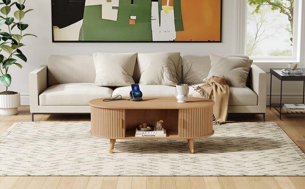 English Elm 42.5W Oval Fluted Tambour Coffee Table with Built-In Charging Station Mid-Century Wood N721P444658L