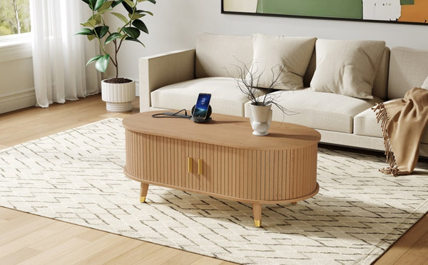 English Elm 42.5W Oval Fluted Tambour Coffee Table with Built-In Charging Station Mid-Century Wood N721P444658L