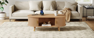 English Elm 42.5W Oval Fluted Tambour Coffee Table with Built-In Charging Station Mid-Century Wood N721P444658L