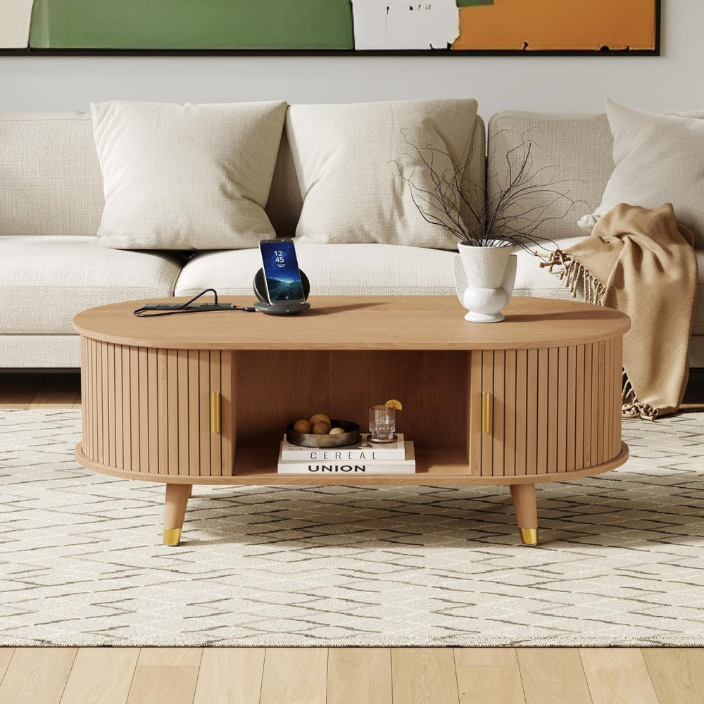 English Elm 42.5W Oval Fluted Tambour Coffee Table with Built-In Charging Station Mid-Century Wood N721P444658L