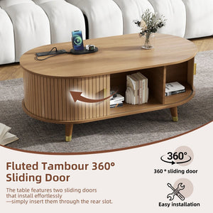 English Elm 42.5W Oval Fluted Tambour Coffee Table with Built-In Charging Station Mid-Century Wood N721P444658L