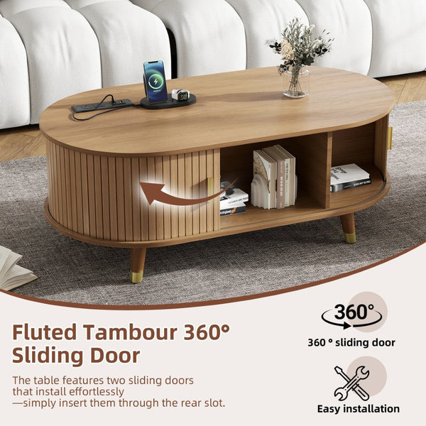 English Elm 42.5W Oval Fluted Tambour Coffee Table with Built-In Charging Station Mid-Century Wood N721P444658L