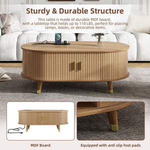 English Elm 42.5W Oval Fluted Tambour Coffee Table with Built-In Charging Station Mid-Century Wood N721P444658L