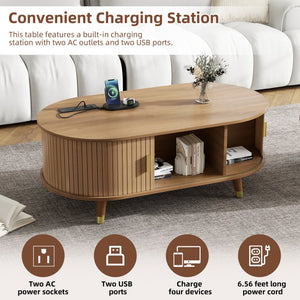 English Elm 42.5W Oval Fluted Tambour Coffee Table with Built-In Charging Station Mid-Century Wood N721P444658L
