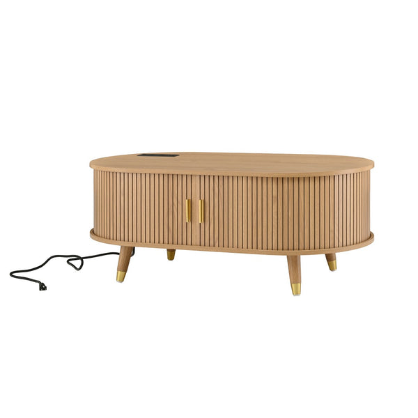 English Elm 42.5W Oval Fluted Tambour Coffee Table with Built-In Charging Station Mid-Century Wood N721P444658L