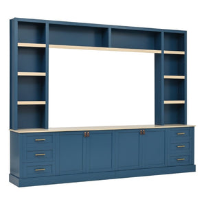 English Elm Tv Stand Farmhouse Entertainment Center with Six Drawers and Bridge Cabinet in Warm Wood N721P447536C